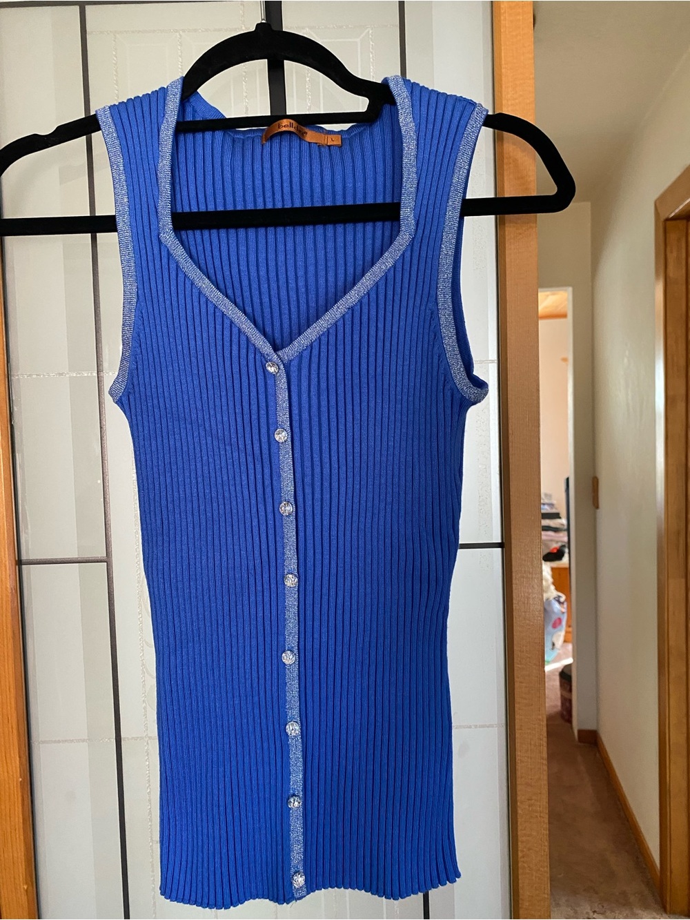 Bellini Royal Blue Ribbed Button-Front Tank with Silver Trim
